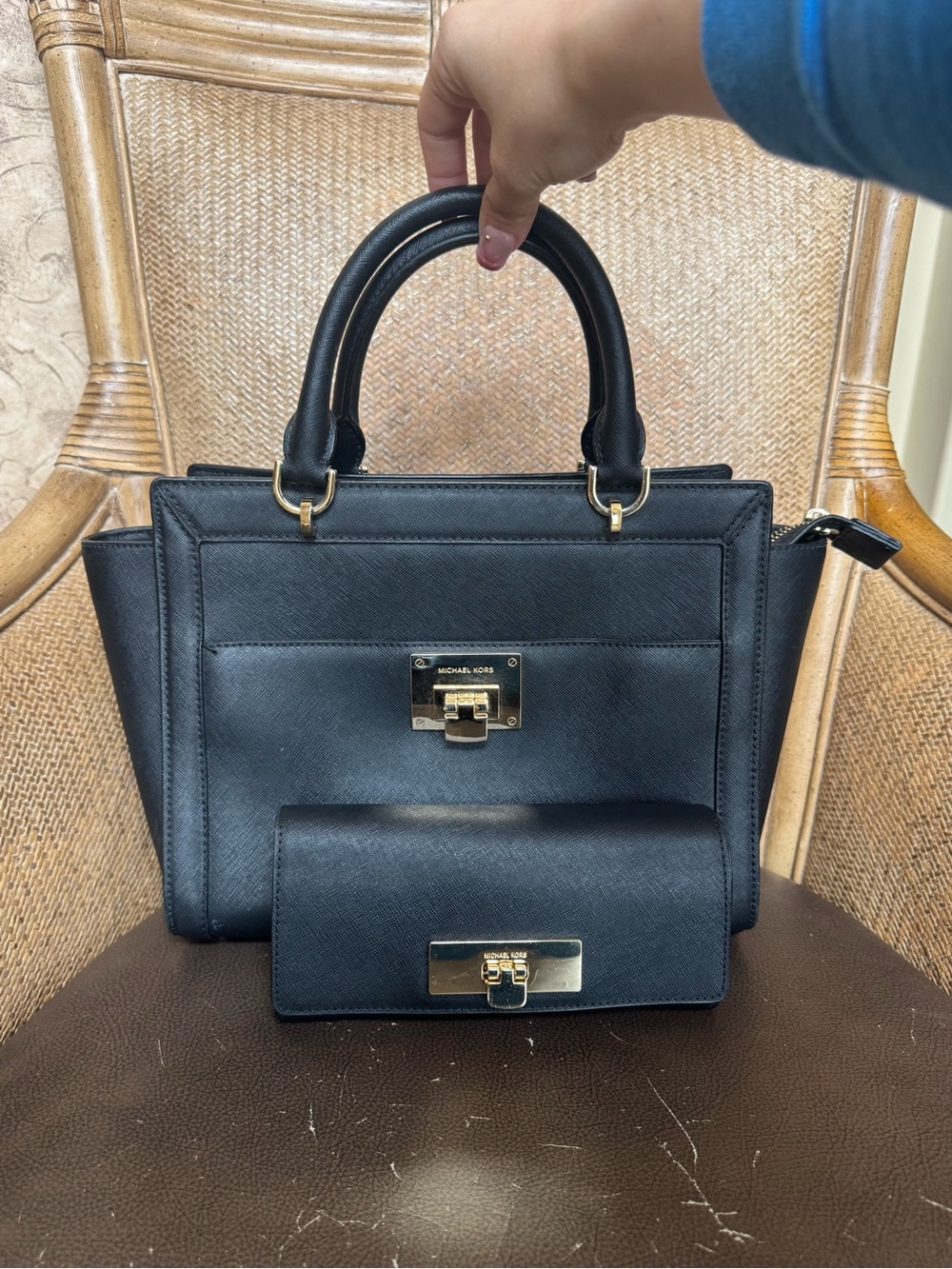 Michael Kors Black Leather Satchel with Matching Wallet